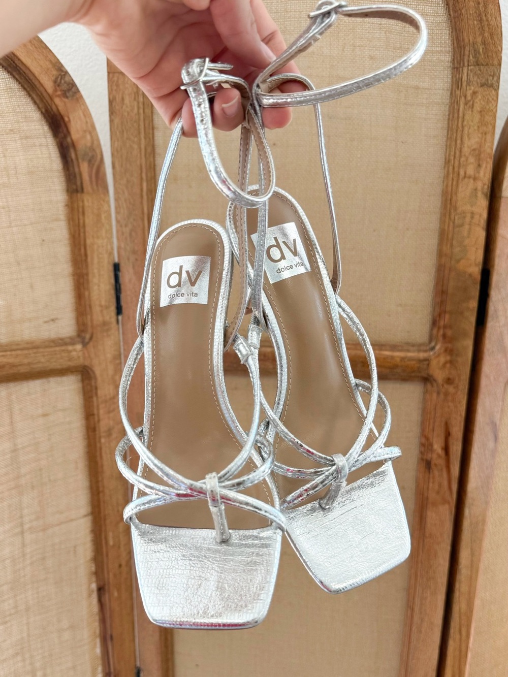 Dolce Vita Zeffer Metallic Silver Square-Toe Strappy kitten Heels